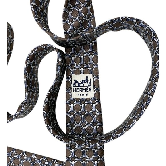 HERMÈS Men's 100% Silk Necktie LUXURY Tie 59 EA Brown Gray Chain W:3.2" EUC - Picture 4 of 5